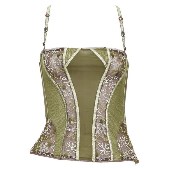 John Galliano Tops - rare JOHN GALLIANO Vintage green gold sheer lace boned bustier corset top S